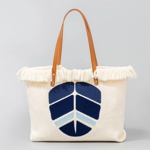 Bohemian canvas tote bag with towel embroidery leaf pattern and fringe tassels