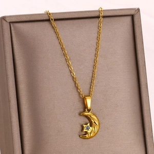 Elegant 18K gold plated moon and star necklace with blue zircon pendant in jewelry box