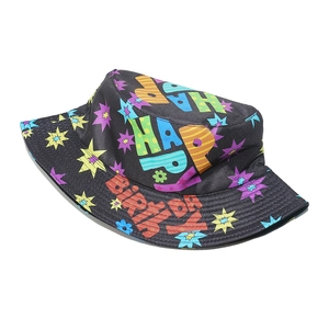 Detail of Happy Birthday colorful graffiti print on a black polyester bucket sun hat