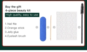 Detail view of 4-piece beauty kit including nail file, orange stick, jelly glue and eyelash brush