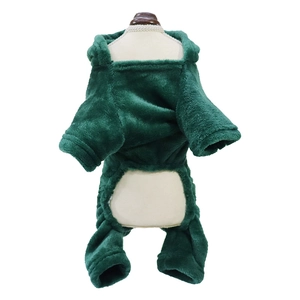 Plush dinosaur dog costume in dark green fleece, cozy four-legged warm pet jumpsuit