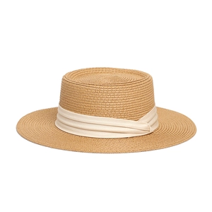 Classic French flat top boater straw hat with creamy pleated ribbon for beach sun protection