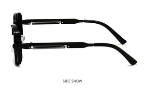 Close-up of steampunk square sunglasses featuring mechanical spring temple design details