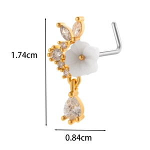 Detail showing dimensions of gold L-shaped nose stud with white flower and zircon pendant
