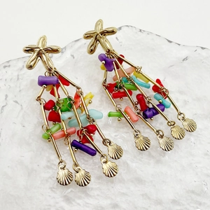 Bohemian stainless steel tassel earrings with colorful beads and golden seashells