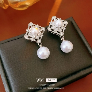Retro Court Style Artificial Pearl Dangle Earrings With Silver Earring Post Hollow Rhombus Cubic Zirconia Drop For Women