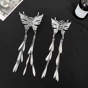 Silver butterfly hair claw clip with long chain tassels in Neo-Chinese punk metal style