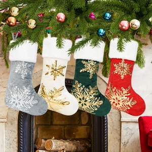 Christmas Stockings Sequin Snowflake Embroidery Faux Fur Cuff Velvet Festive Hanging Gift Bags Decor