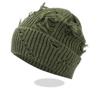 Detail of army green distressed knit beanie showing chunky texture and ripped streetwear style
