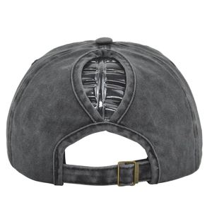 Rear view of washed grey ponytail baseball cap with metal buckle and messy bun hole