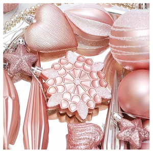 Detailed view of rose pink Christmas ornaments with matte, pearl and glitter finishes