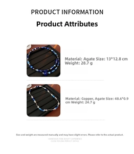 Detail showing blue agate beaded necklace and copper chain with weight and size specs
