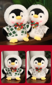 Detailed plush texture of cute Christmas penguins with tweed coats and golden bells