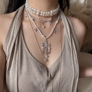 Multi Layer Cross Pendant Necklace Women Baroque Faux Artificial Pearl Rhinestone Alloy Gothic Vintage Retro Aesthetic Jewelry