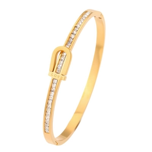 Elegant gold titanium steel LOVE bracelet with paved zircon diamonds on white background