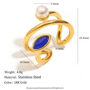18K gold plated stainless steel spiral open ring with pearl and blue marquise stone