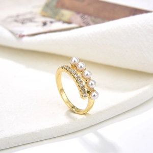 Baroque Imitation Artificial Pearl Adjustable Open Ring For Women Copper Gold Plated Zircon Vintage Elegant Fashion Jewelry
