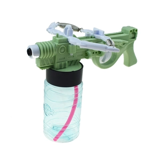 Detail of light green crossbow-shaped bubble gun with transparent refill bottle
