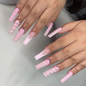 Extra Long Coffin Press On Nails Matte Pink Heart Lattice Rhinestone French Style With Jelly Glue And File