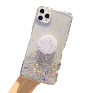 Clear iPhone case with starry glitter, sequins, and a matching round collapsible grip stand