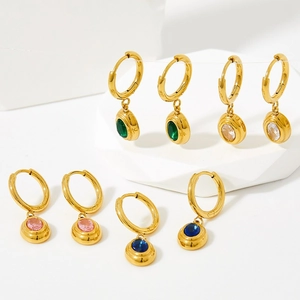 Boucles d'oreilles créoles en acier inoxydable avec pendentifs gemmes colorés sur socles