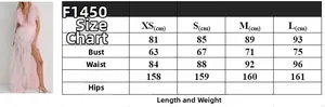 Detailed size chart for pink V-neck ruffle mesh dress with measurements from XS to L