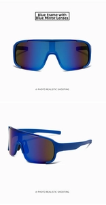 Front and side views of blue framed sports sunglasses with blue mirrored lens
