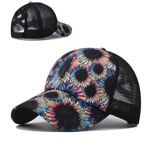 Women Ponytail Baseball Cap Cotton Mesh Back Opening Sunflower Print Adjustable Sun Hat Outdoor Sports