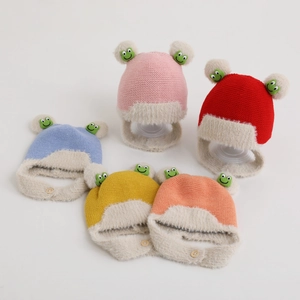 Baby Knitted Earflap Hat Acrylic Warm Winter Windproof With Faux Fur Pom Poms Cartoon Frog Design For Toddler Kids