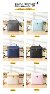 Detail view of large capacity insulated lunch bags in six various colors with shoulder straps