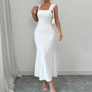 White Sexy Backless Criss-Cross Maxi Dress Square Neck Sleeveless Knit Milk Satin Ripple Textured Bodycon Elegant