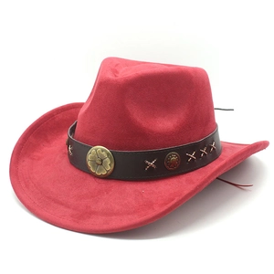 Classic red faux suede western cowboy hat with decorative brown band and floral metal buckle