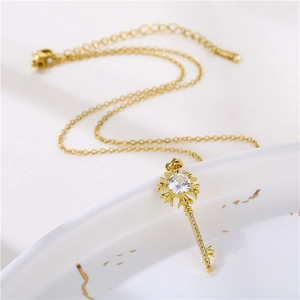 18K gold plated stainless steel key necklace with micro-pave cubic zirconia crystals
