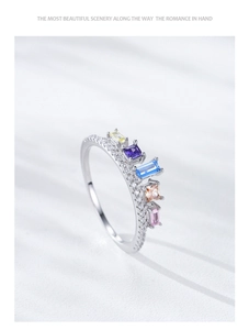 Detail of S925 silver ring featuring five colorful rectangular zircons and side diamonds