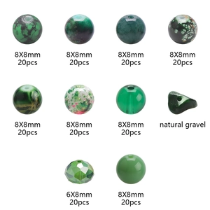 Detailed grid of green glass beads in 8mm and 6mm sizes for DIY jewelry making