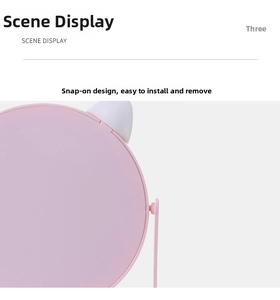 Detail view of the pink cat ear mirror showing the snap-on bracket design for easy assembly