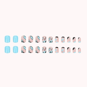 Blue and nude press-on nails with irregular black wave patterns and glossy finish
