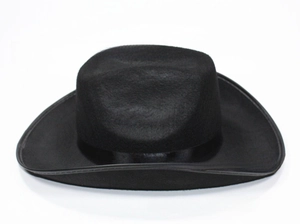 Detail of a black felt top hat showing the wide brim stitching and recessed crown design
