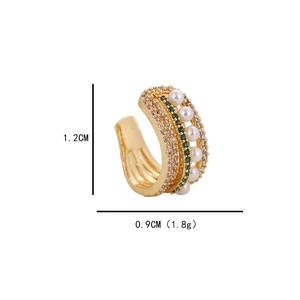 Gold C-shape ear cuff with white pave crystals, green zircon, and pearls, 1.2cm height
