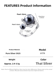 Macro shot of S925 sterling silver ring dimensions with 8mm and 6mm grey shell pearls