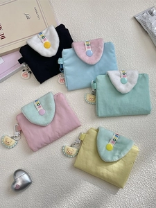 Cute Korean Style Canvas Card Holder Mini Wallet Plush Flap Button Closure Animal Charm For Student Girl Small Purse