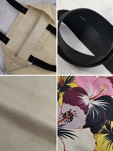 Detailed views of beige linen tote bag with hibiscus prints and black strap texture