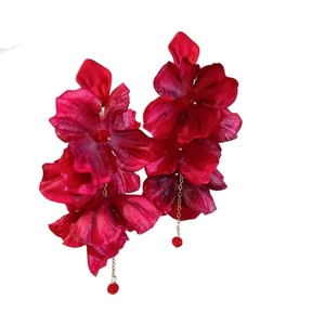 Elegant Chinese style red fabric flower drop earrings with delicate gold chain and red beads