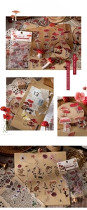 Close-up of vintage mushroom and dried flower stickers for botanical scrapbooking DIY