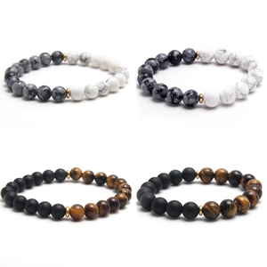 Stack of 10mm natural stone bead bracelets with marble and tiger eye patterns in 4-grid view