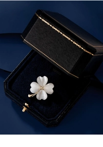 Dettaglio macro della spilla a quadrifoglio in opale in una scatola regalo nera di lusso