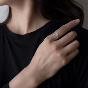 Dettaglio anello regolabile in argento S925 con bassotto carino e motivo a osso