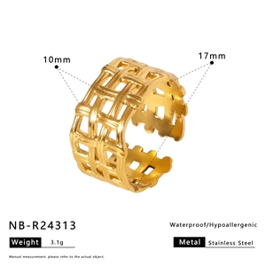 Detailed specs of a 10mm wide gold woven mesh stainless steel open ring with 17mm diameter