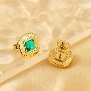 Vintage gold-tone square stud earrings with green zircon and radial texture