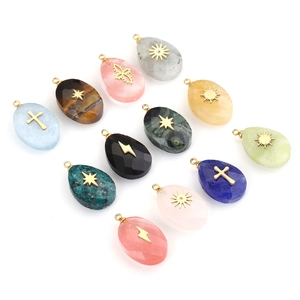 Water-drop natural stone pendants with gold star and cross charms in 12 various colors